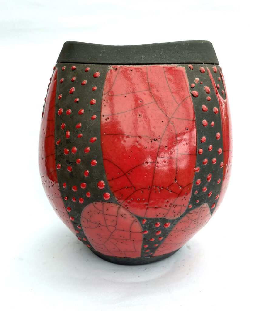 13. Tall Red Spotted Raku Pot