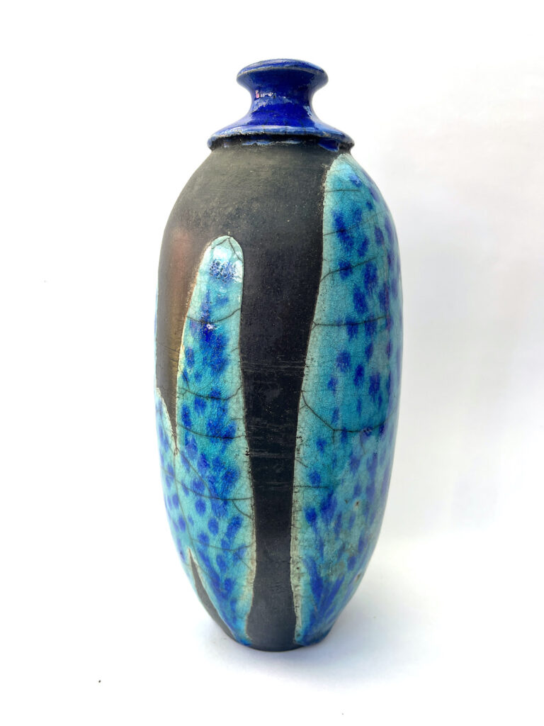 12H. Tall Blue & Black Raku Pot